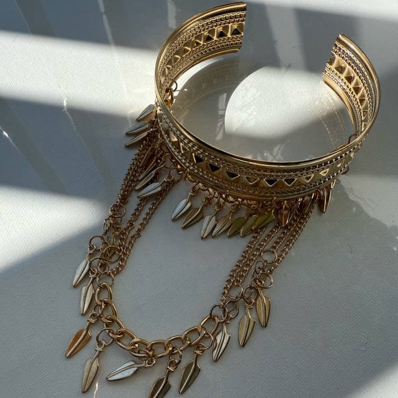 Gold Leaf Tassel Chain Arm Cuff Bracelet ✨ - Picture 10 of 10